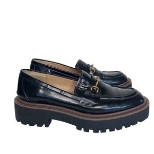 SAM EDELMAN Laurs Black Leather Gold Tone Horse Bit Platform Lugged Loafers 7.5
